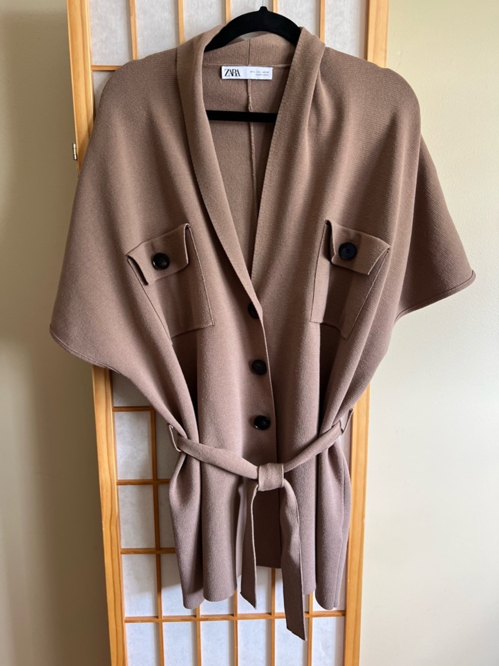 Zara Belted Knit Cardigan L Brown Taupe Minimalist Capsule Layering - Picture 2 of 11